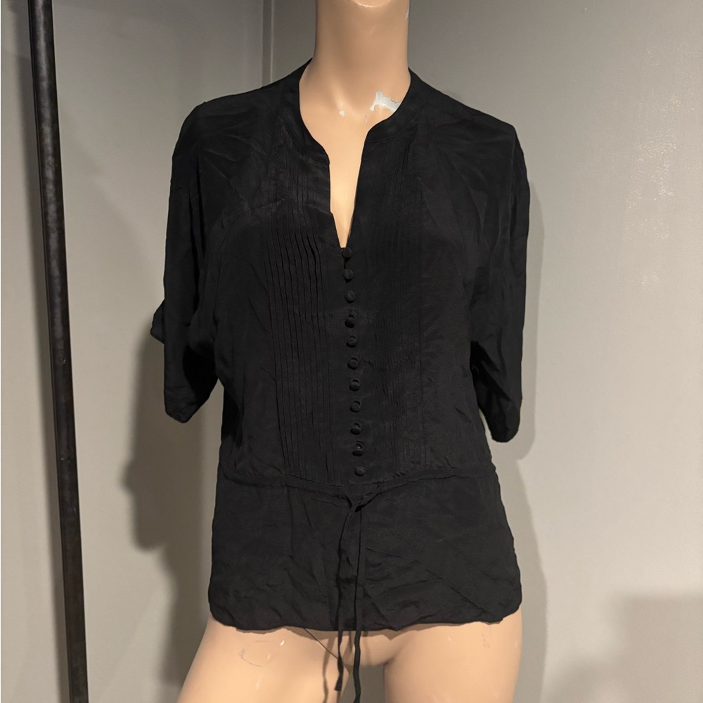 Banana Republic Black Silk Faux Button-Down V Neck Blouse